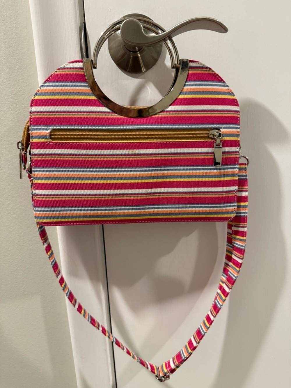 Striped Pink Multi-Color Ring-Handle Crossbody Bag